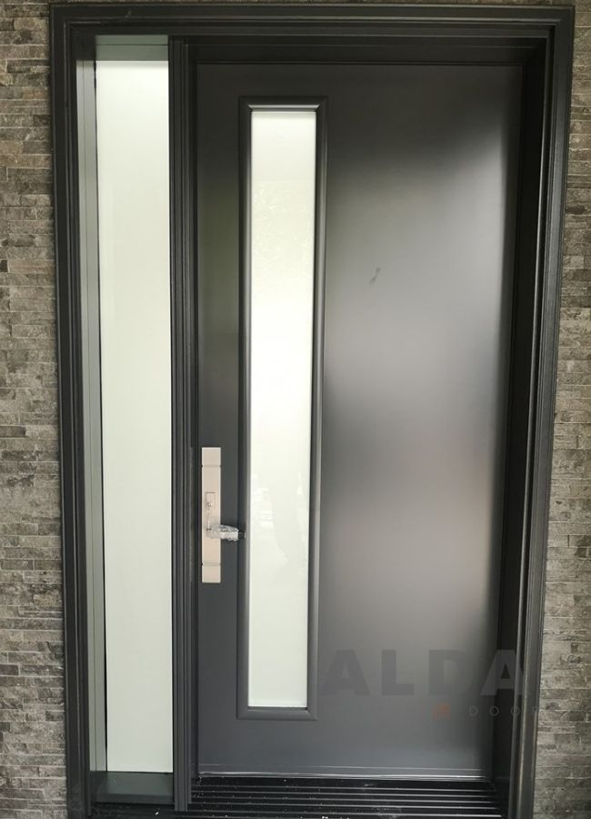 Modern black steel door with sidelight