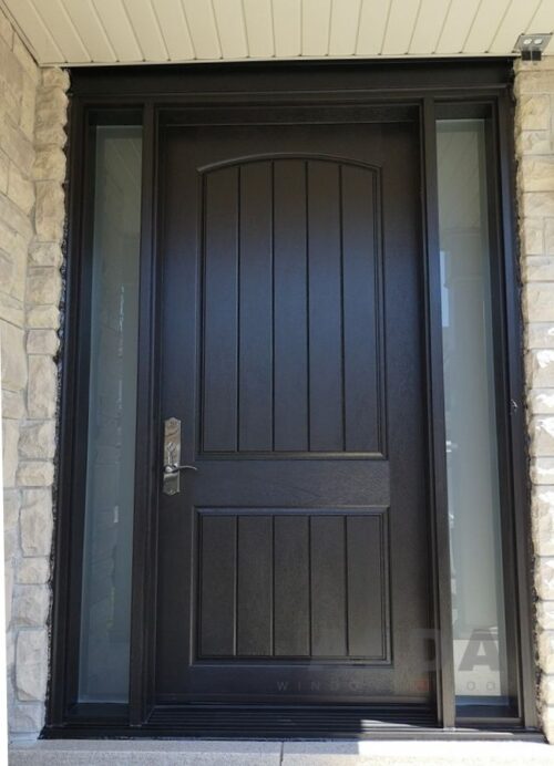 A black fiberglass entry door with two sidelites.