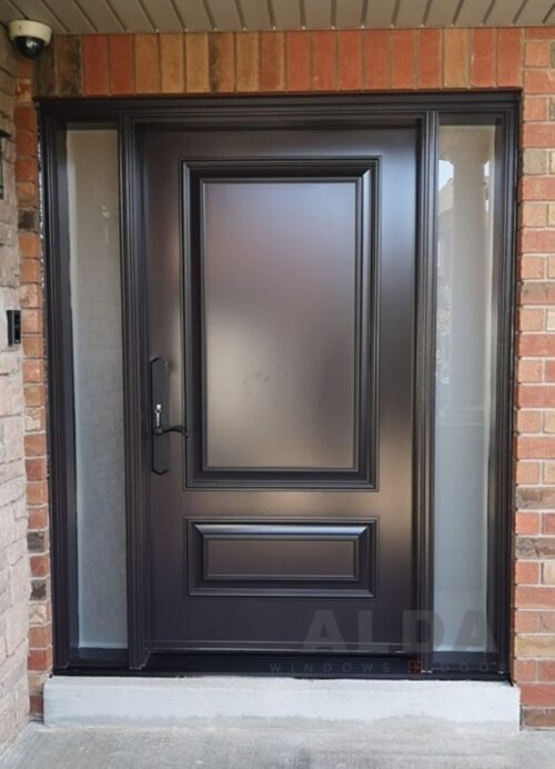 Black front door with frosted sidelights