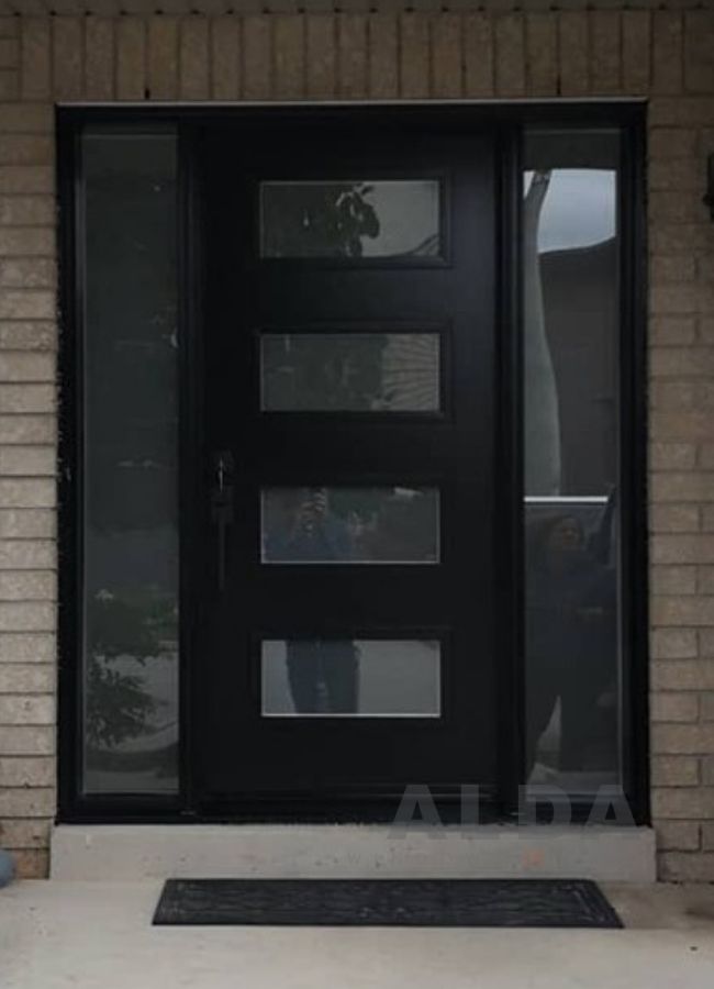 Black steel door with glass inserts