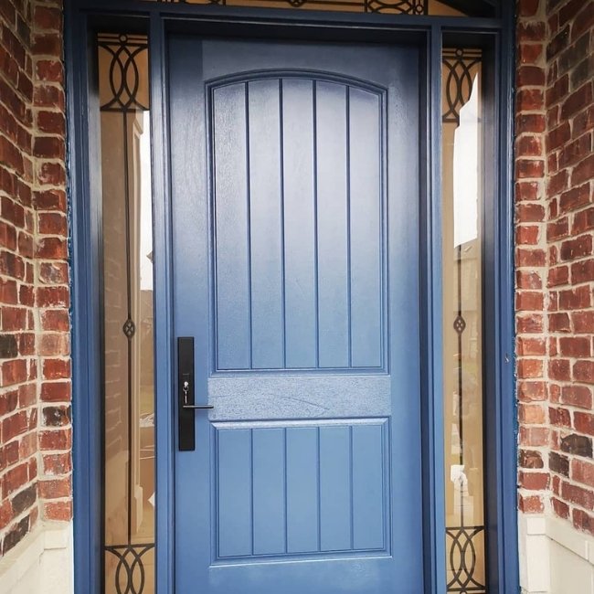 Image depicts a blue fiberglass entry door from ALDA Windows And Doors.