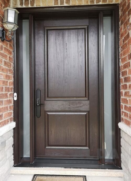 A brown fiberglass entry door.