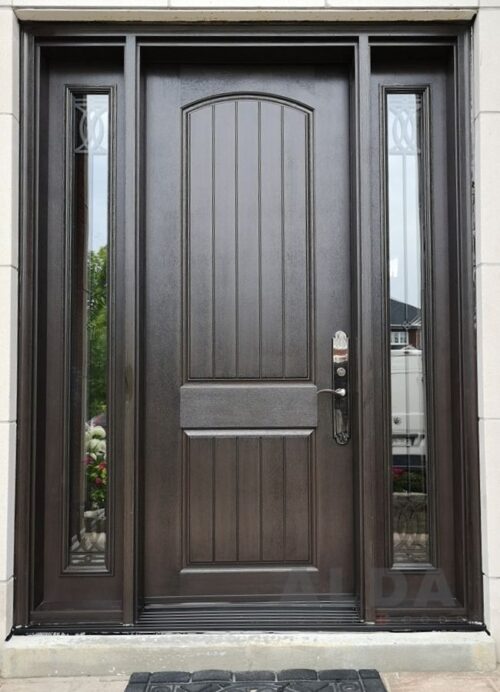 A brown fiberglass entry door with two sidelights