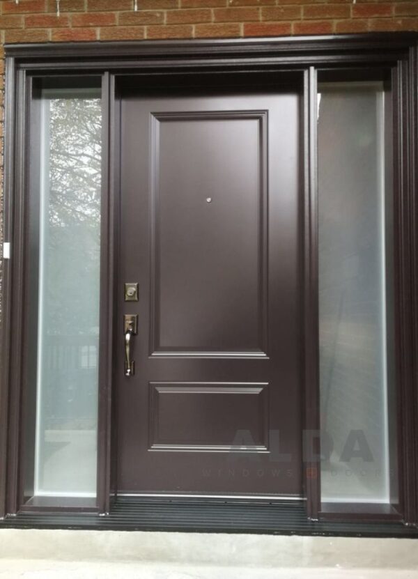 Dark Brown Front Door With 2 Frosted Sidelights 