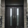 A dark brown fiberglass entry door with two glass inserts