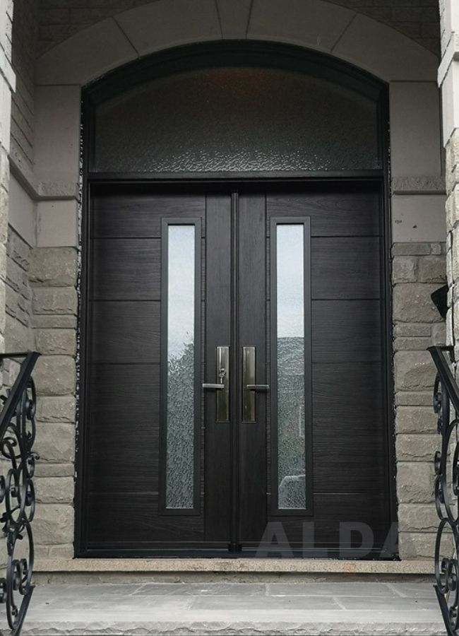 A dark brown fiberglass entry door with two glass inserts