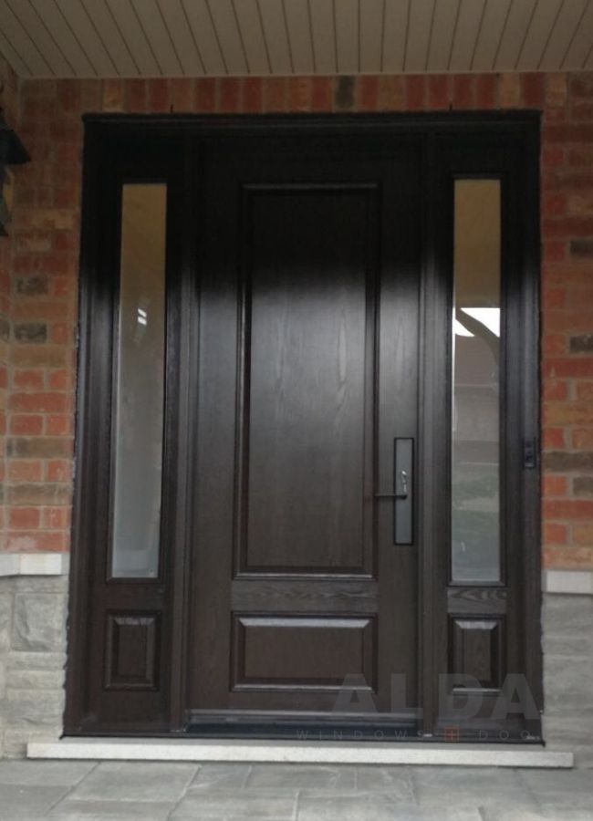 A double black fiberglass door with two sidelites.