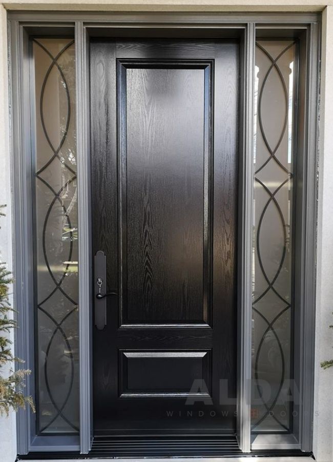 A modern brown entry door with two side glass