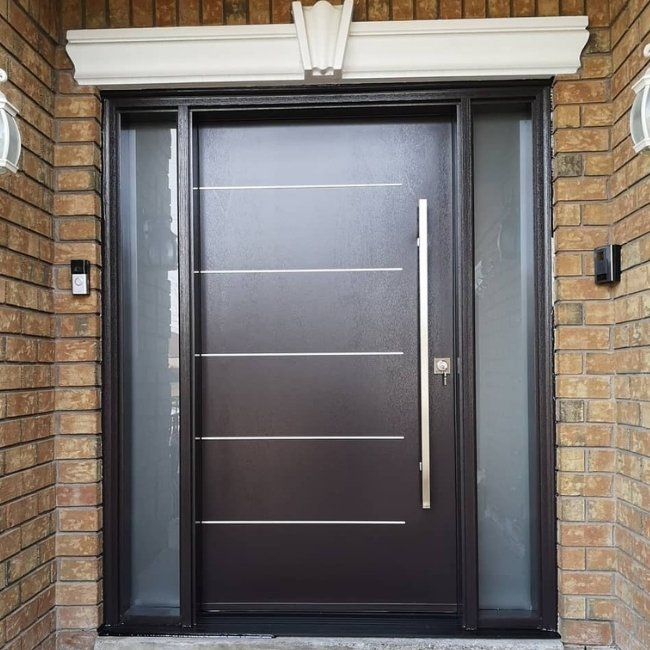 Image depicts a brown steel entry door.