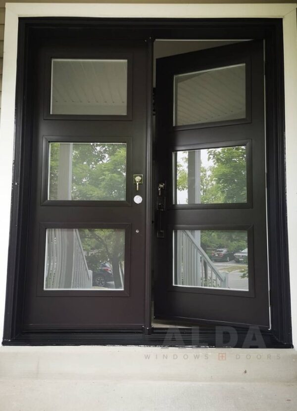 Black DoubleEntry Door with Multiple Glass Inserts Steel Door