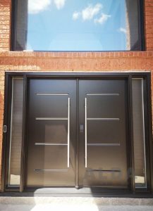 brown steel door with big window upside