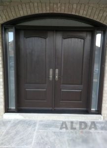 dark brown fiberglass door with two sidelites
