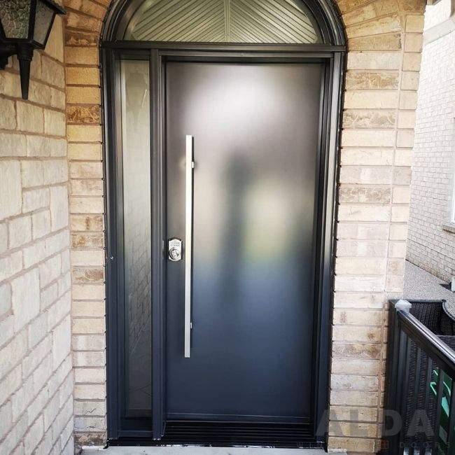 Dark grey front door.