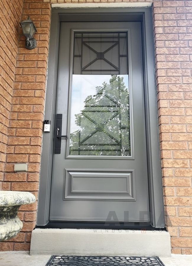 Grey steel entry door.
