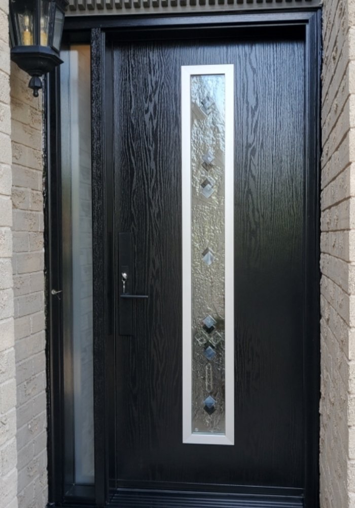 black fiberglass door with sidelight