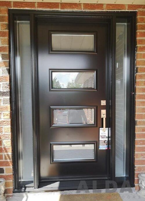 modern black steel door with center glass inserts