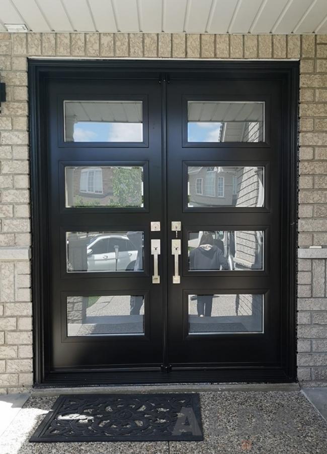 black steel doors with multiple glass panels