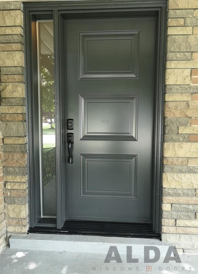 Grey steel door with single left side sidelight