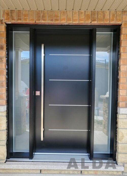 reinforced black steel door with sidelights