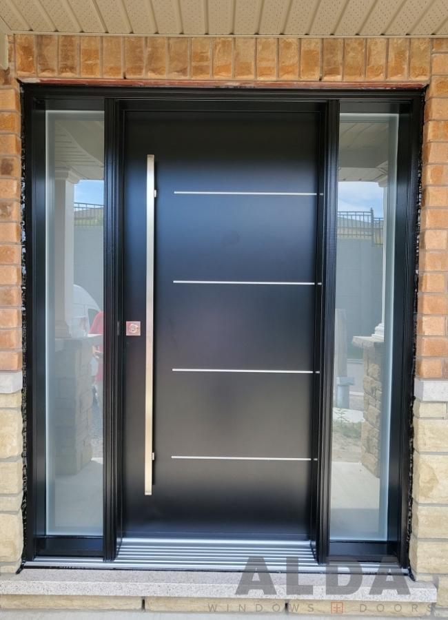reinforced black steel door with sidelights