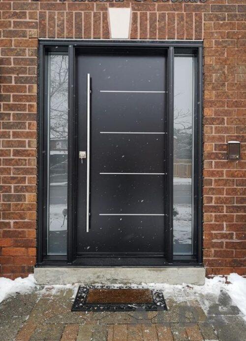 black steel door with sidelights