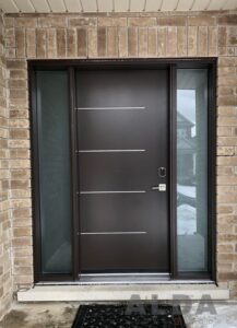 Brown steel door with sidelights