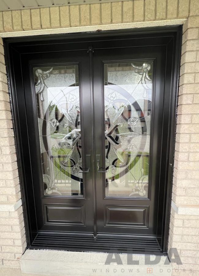 black double steel door decorative glass