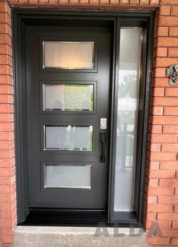 Grey Front Steel Door with Glass Inserts And Sidelight | Steel Door