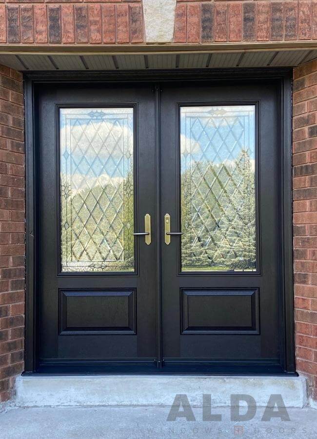 Black steel double door with glass inserts