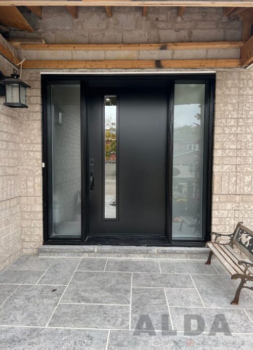 Black front door with two direct set sidelight