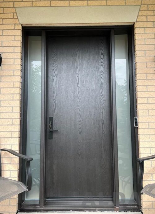 Grey front door with two frosted sidelights