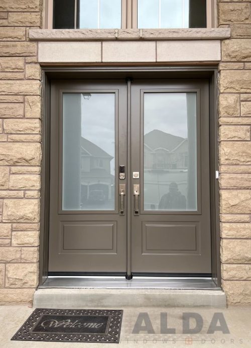 Brown front door with glass inserts
