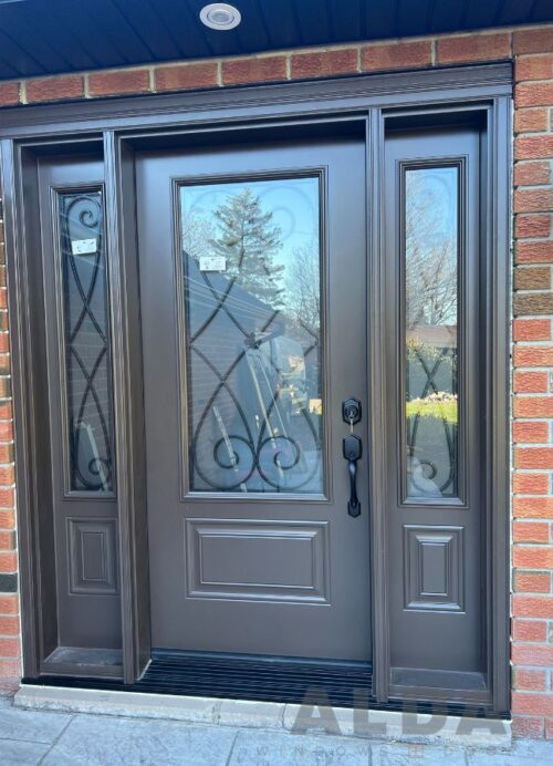 Brown front door with wrought iron design
