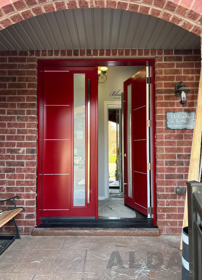 Red front door with pull handle
