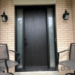 fiberglass entry door with woodgrain texture and sidelites maple