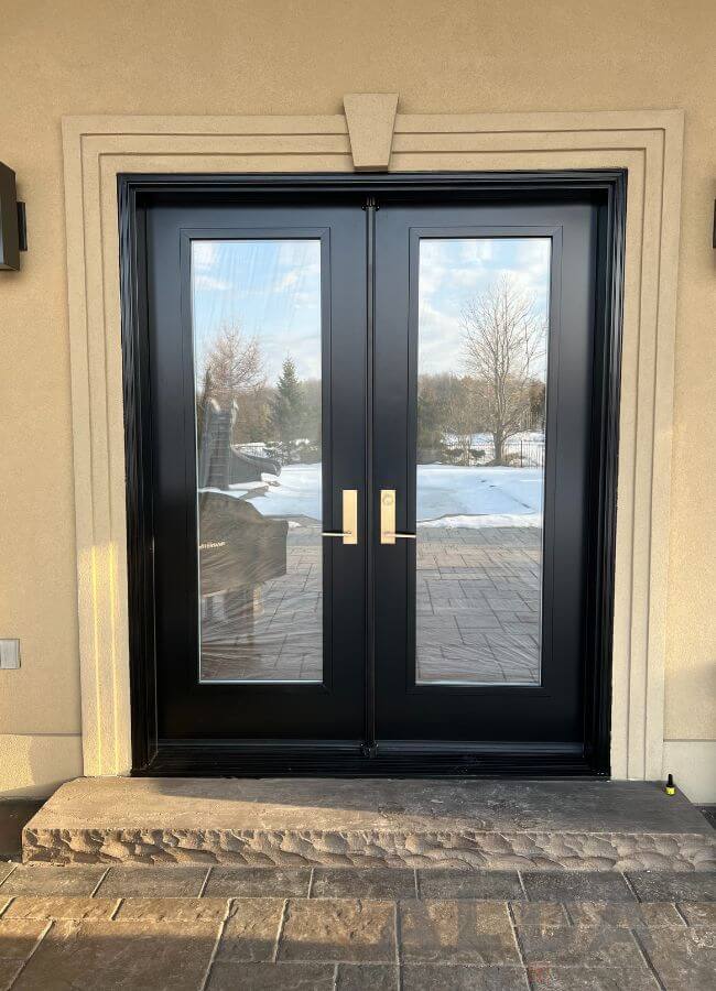 Black entry door with full glass inserts