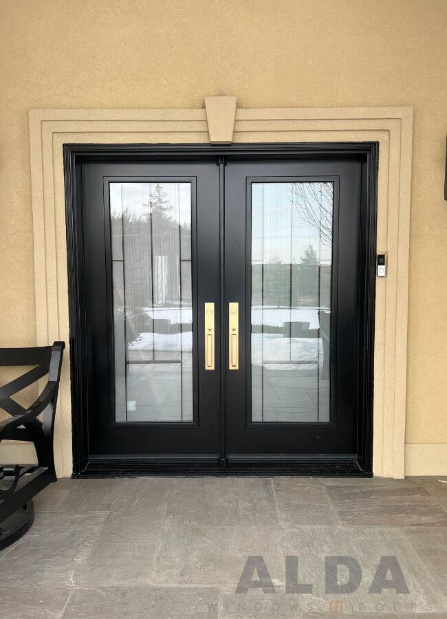 Black front door with decorative full glass inserts