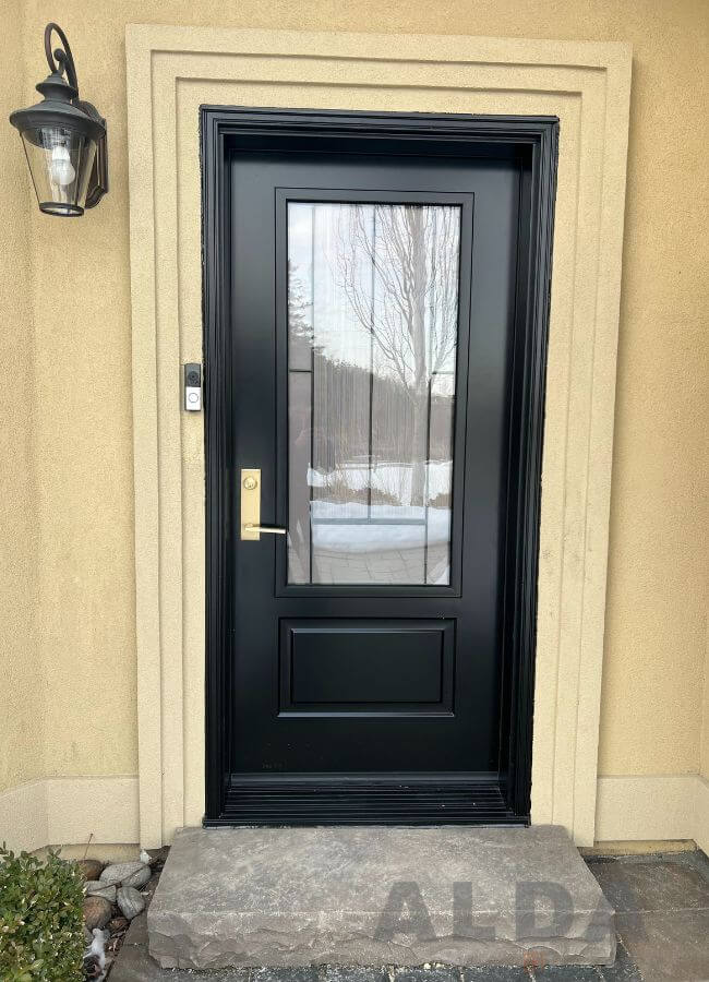 Single black entry door with decorative glass insert