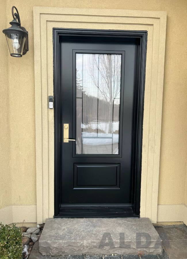 Single Black Entry Door With Decorative Glass Insert