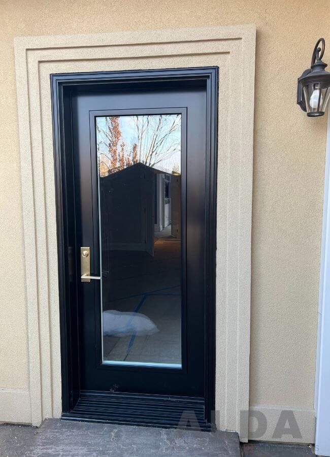 Single black entry door with full glass insert