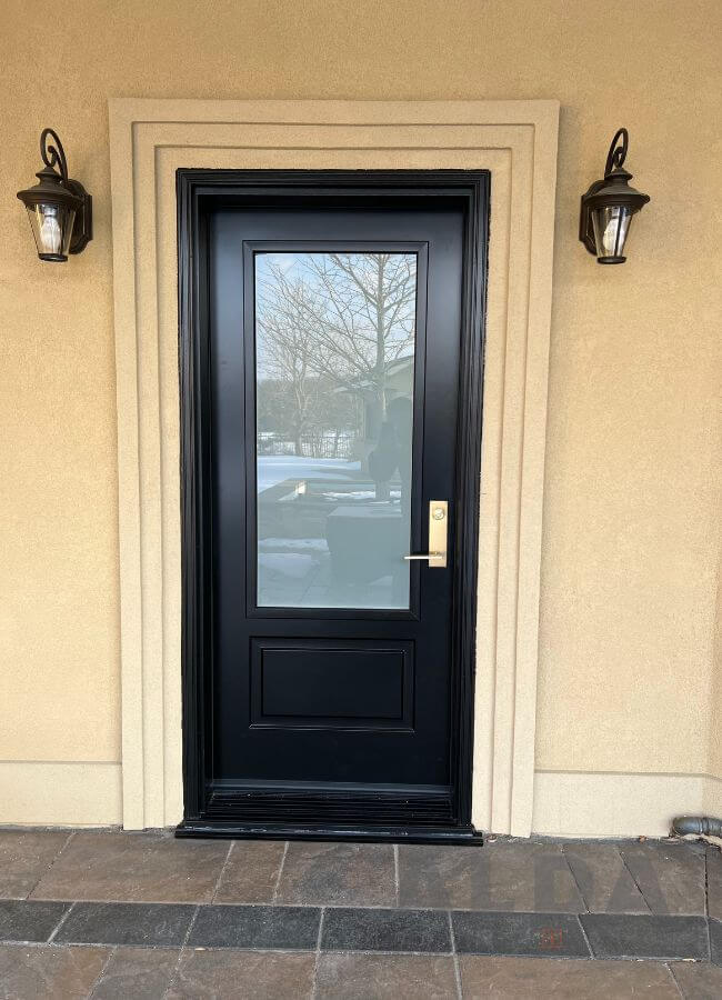 Single black entry door with glass insert