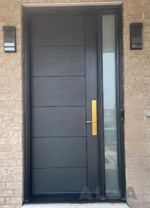 Brown fiberglass door with one sidelite
