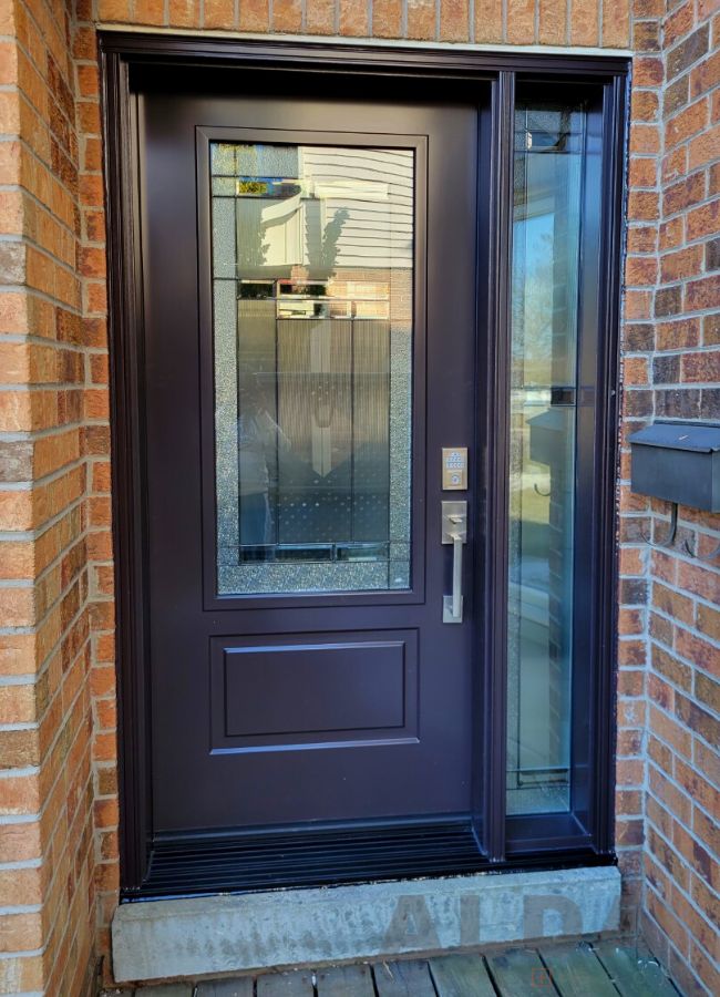 Deep Purple steel door with glass insert and sidelight