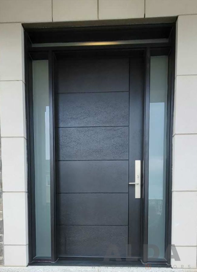 Black single door with stained sidelites