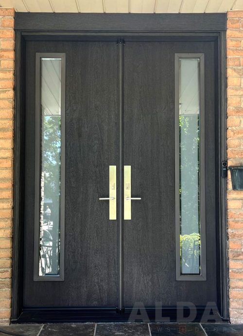 Black fiberglass door with wood grain texture