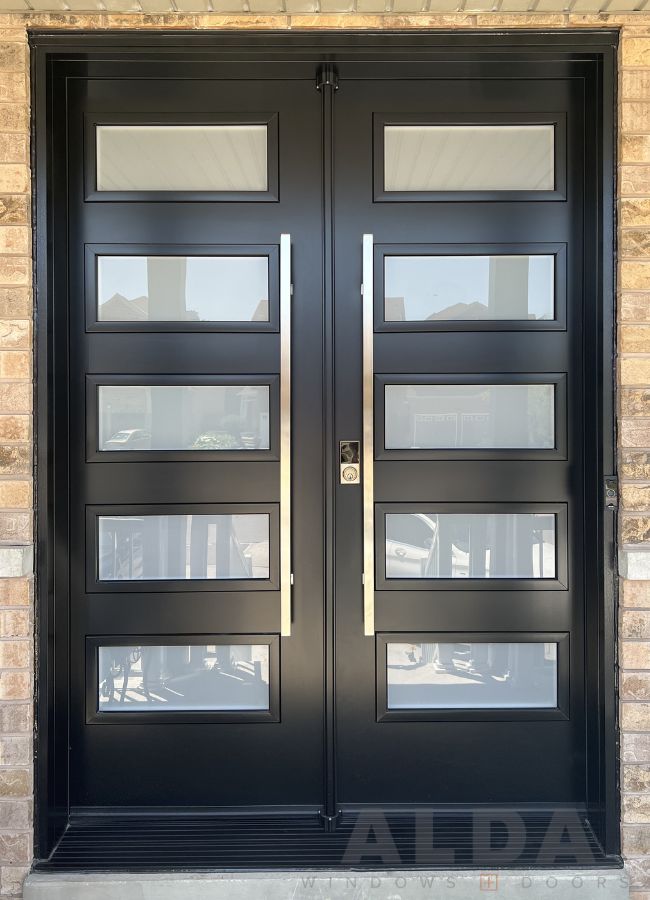 Black steel door with multiple glass inserts