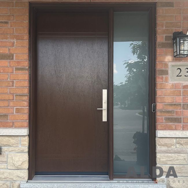 Brown fiberglass door with big sidelite