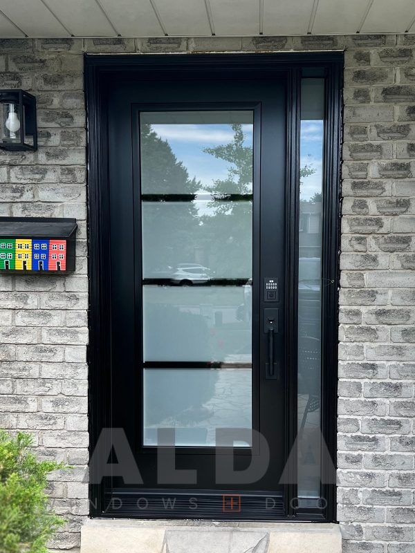 black entry door installation in erin mills