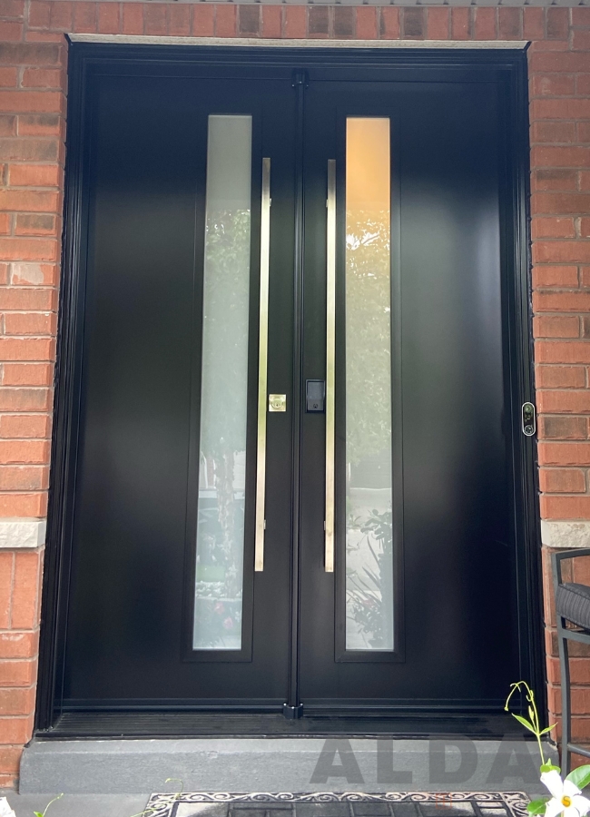 Black Steel double door with two vertical glass inserts