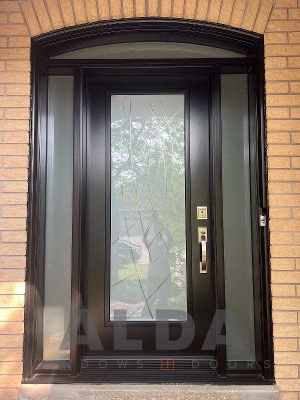 Black single entry door with decorative glass in middle